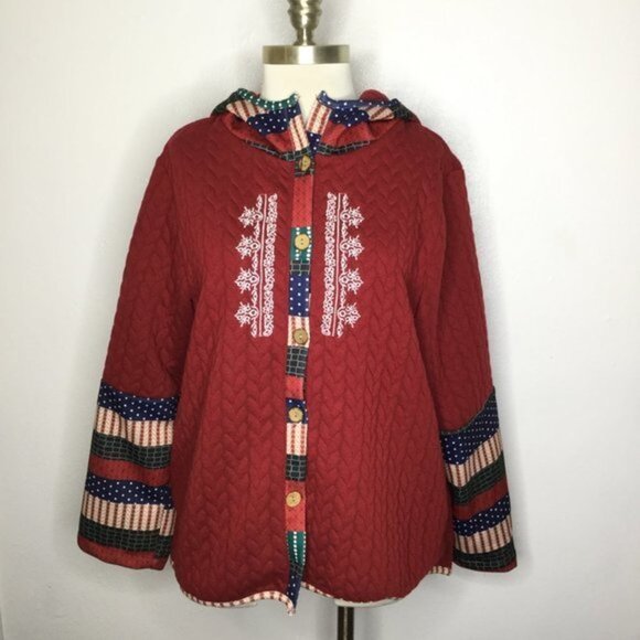 Jimmy Yoo Burgundy Stripe Hooded Swing Coat Size Medium Embroidered - Picture 4 of 11